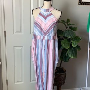 Pink and blue tie around neck jumpsuit